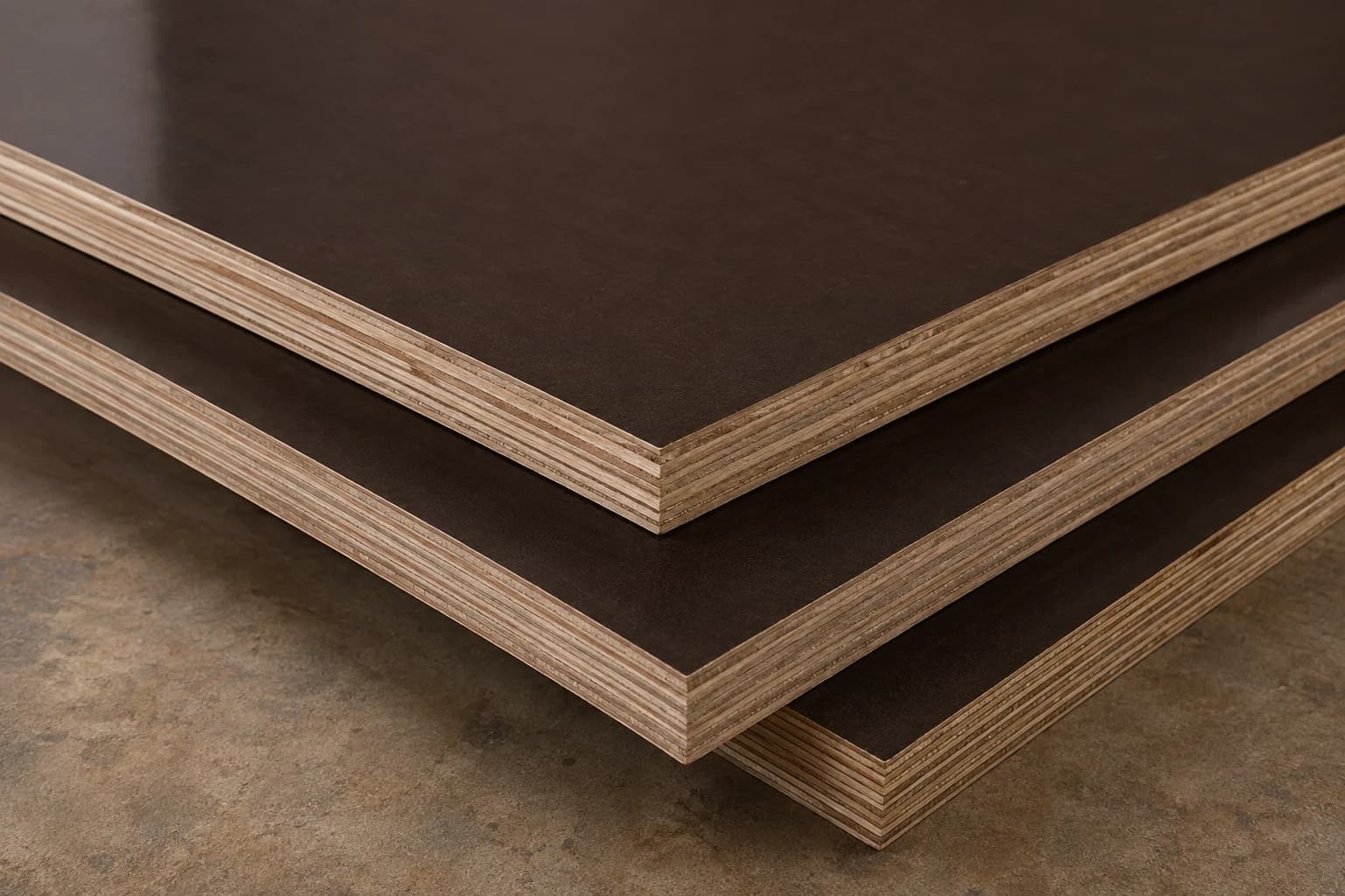 Three dark brown film faced plywood panels with smooth thin surface films and realistic exposed cross-laminated veneer edges