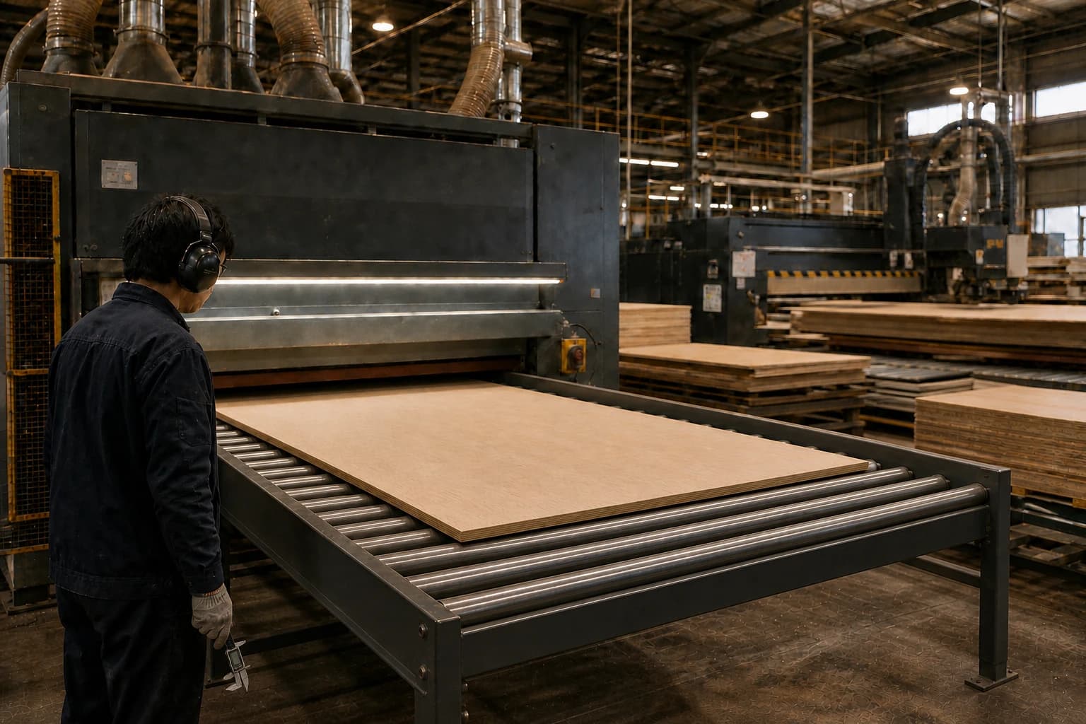 One operator holding a digital caliper at his side beside a flat plywood panel on the sanding line outfeed rollers