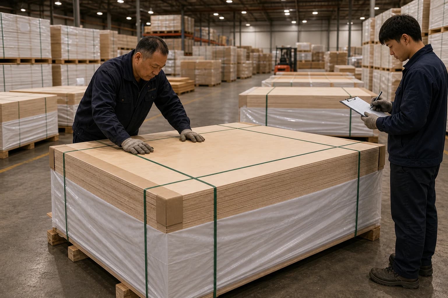 Two distinct operators inspecting a finished plywood pallet with corner protection, moisture-barrier wrap and three continuous green straps in the finished-goods warehouse